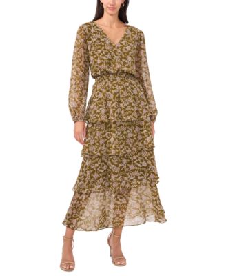 MSK Women's Floral-Print Smocked-Waist Tiered Dress - Macy's