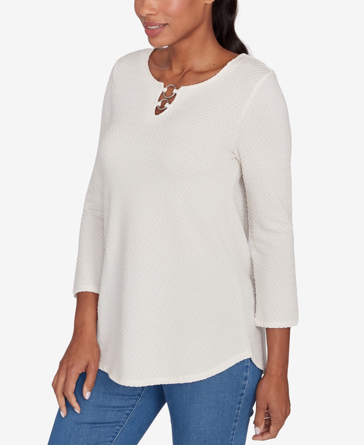 Ruby Rd. Petite Scoop Neck with Ring Detail Solid Textural Knit Top