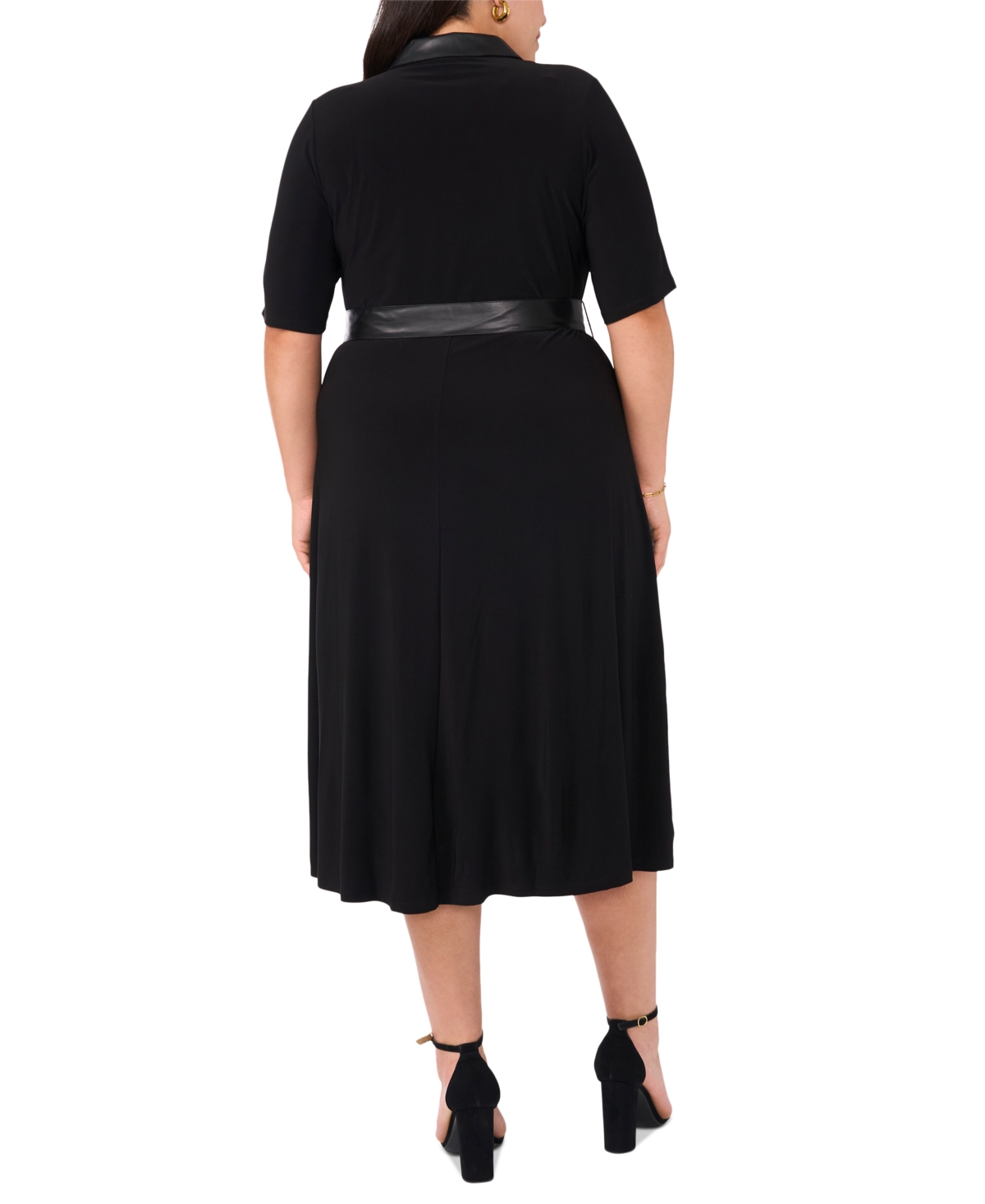 Msk Plus Size Belted Fold-Collar Split-Neck Dress - Black 001