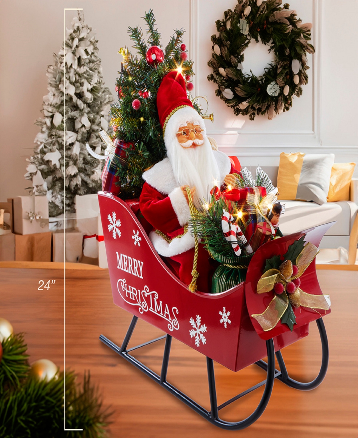 Kurt Adler 24-inch Battery Operated Musical Led Santa In Metal Sleigh Table Piece In Red