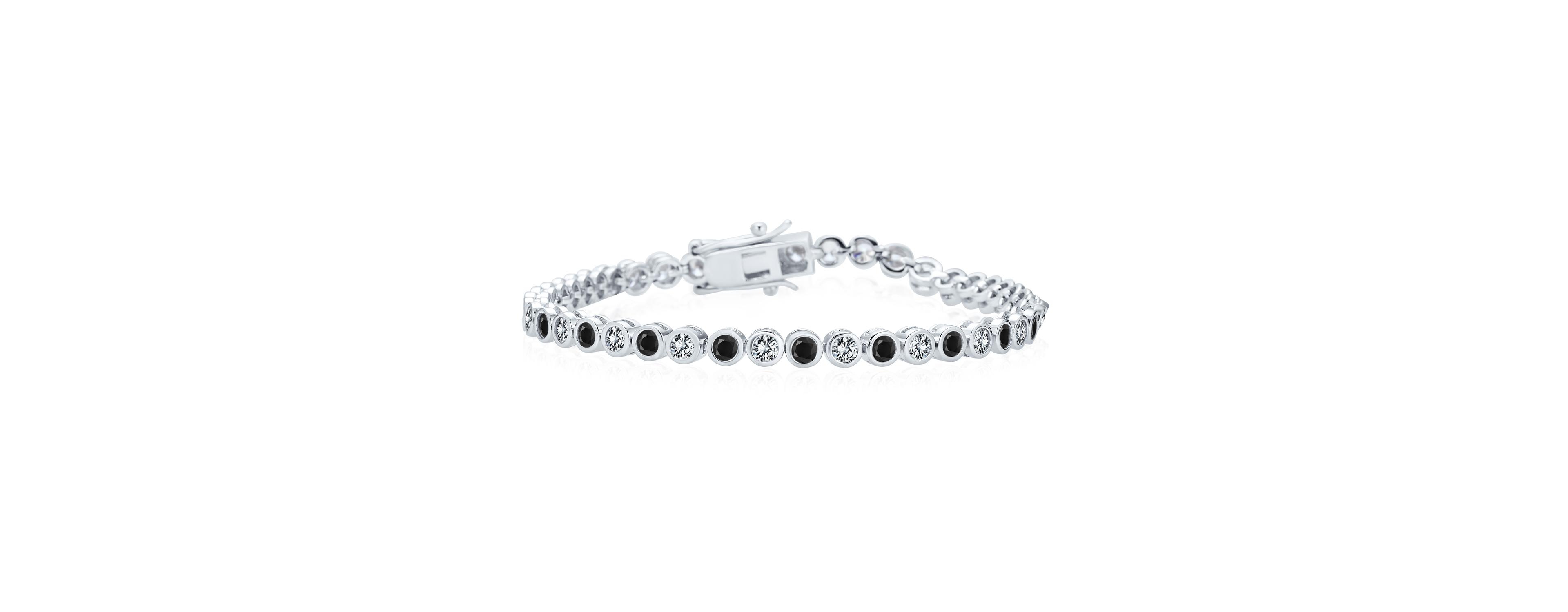 Bling Jewelry Formal Holiday Party 10CT Black White Alternating Cubic Zirconia Bubble Circle Bezel Solitaire Cz Tennis Bracelet Sterling Silver 7 Inch