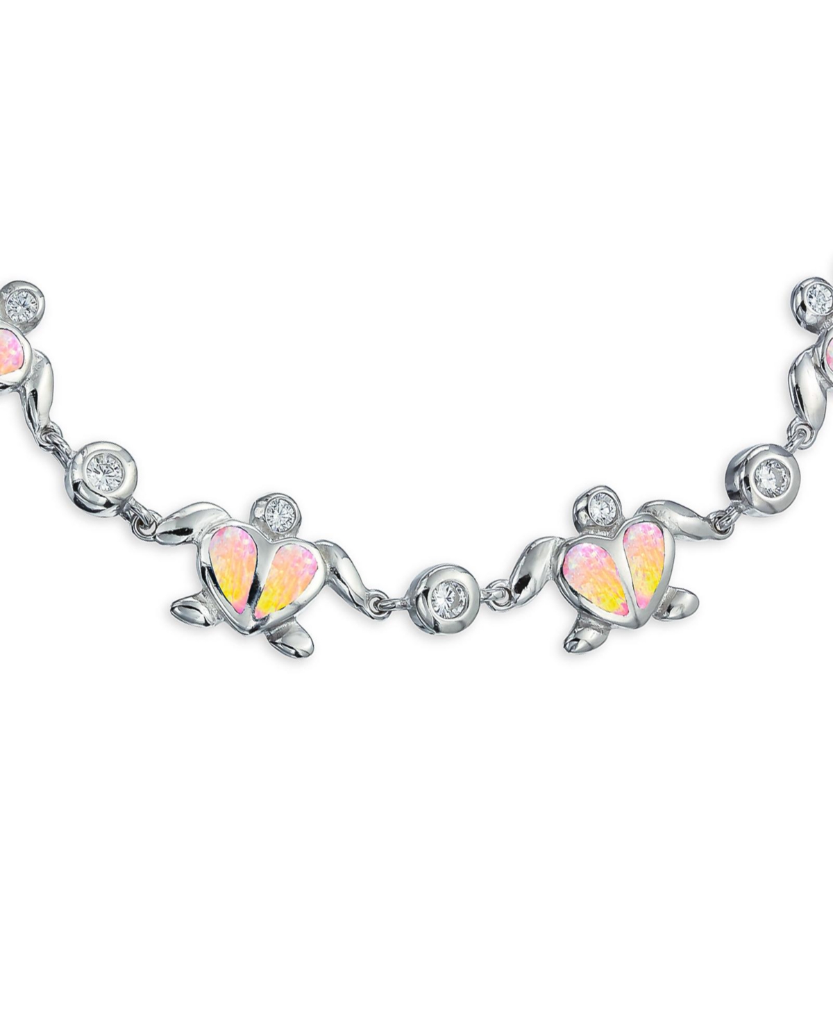 Bling Jewelry Nautical Aquatic Tropical Beach Vacation Synthetic Created Opal Inlay Sea Tortoise Cz Accent Heart Multi Charm Turtles Bracelet For Wome
