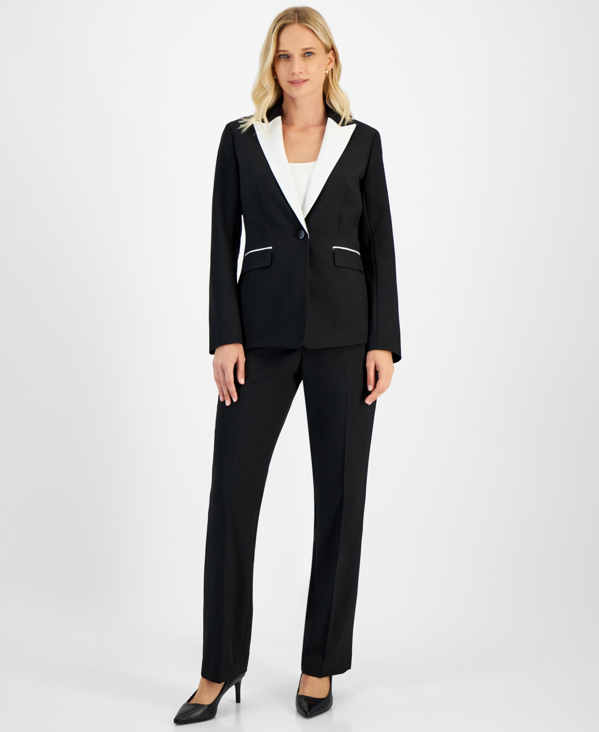 Women's Petite Contrast-Lapel Pantsuit - Black/Vanilla Ice