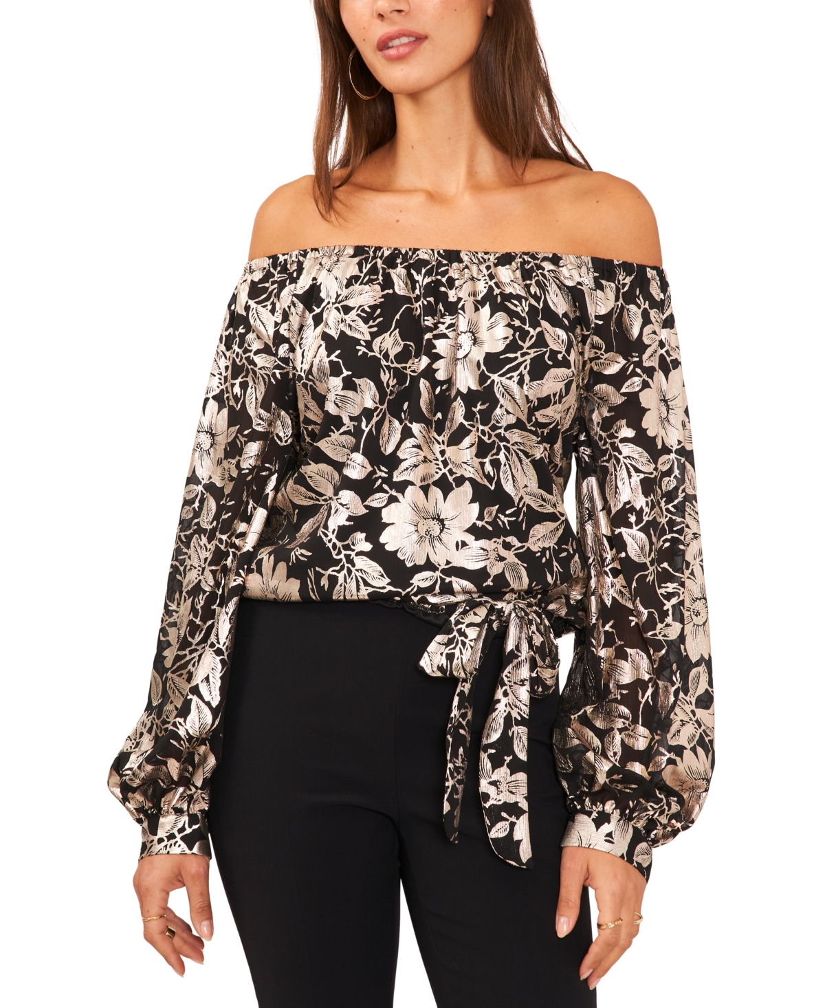 Petite Metallic Floral Print Off-The-Shoulder Top - Black