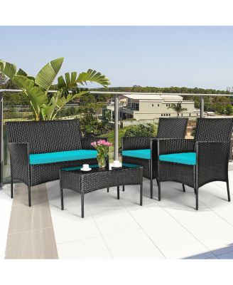 4 Pieces Patio Rattan Cushioned Sofa Set with Tempered Glass Coffee Table-Turquoise