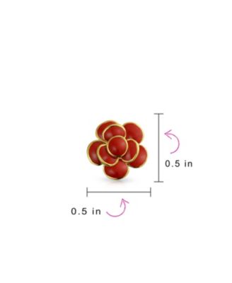 Retro Enamel Rose Flower Clip On Earrings Button Style For Non Pierced Ears Gold Plated Brass