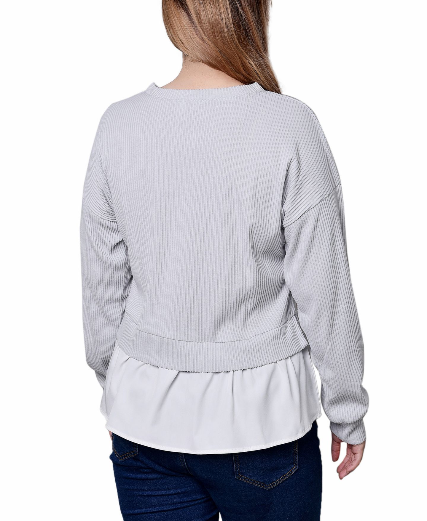 Женский топ NY Collection Petite Long Sleeve Two-Fer with Gathered Inset, цвет: Меланжевый серый — фото 2