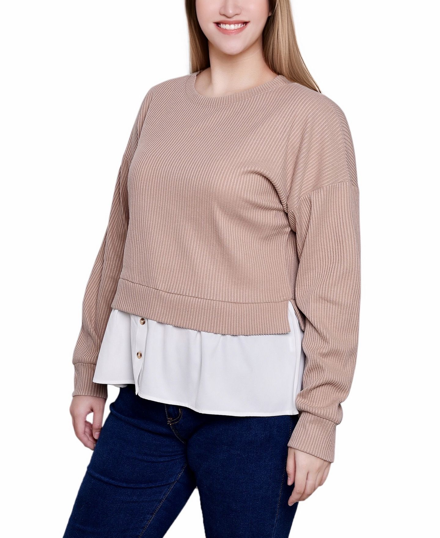 Женский топ NY Collection Petite Long Sleeve Two-Fer with Gathered Inset, цвет: Меланжевый серый — фото 6