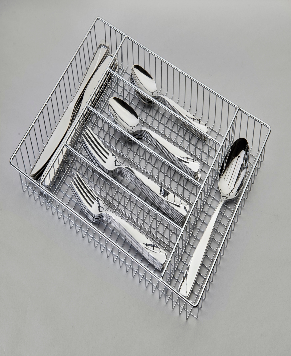 Ornative Rhoda Mirror Service For 8 42 Piece Flatware Set With Wire Caddy In Silver