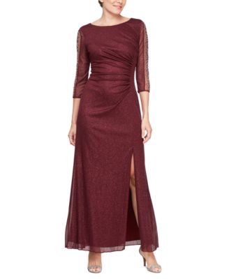 SL Fashions - Women's Long Beaded-Sleeve Glitter Dress