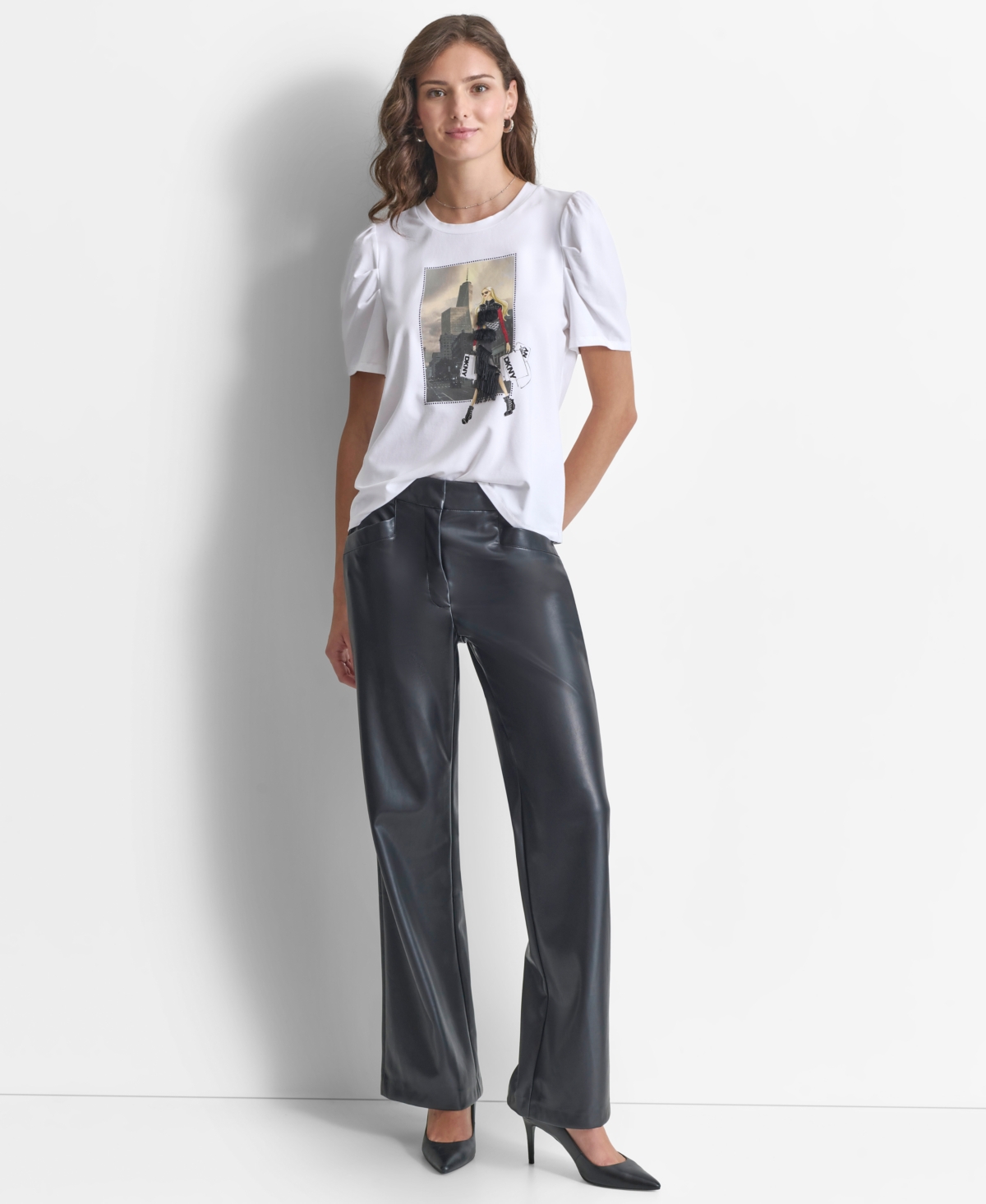 Dkny Women's Crewneck Fashion-Graphic Puff-Sleeve Top