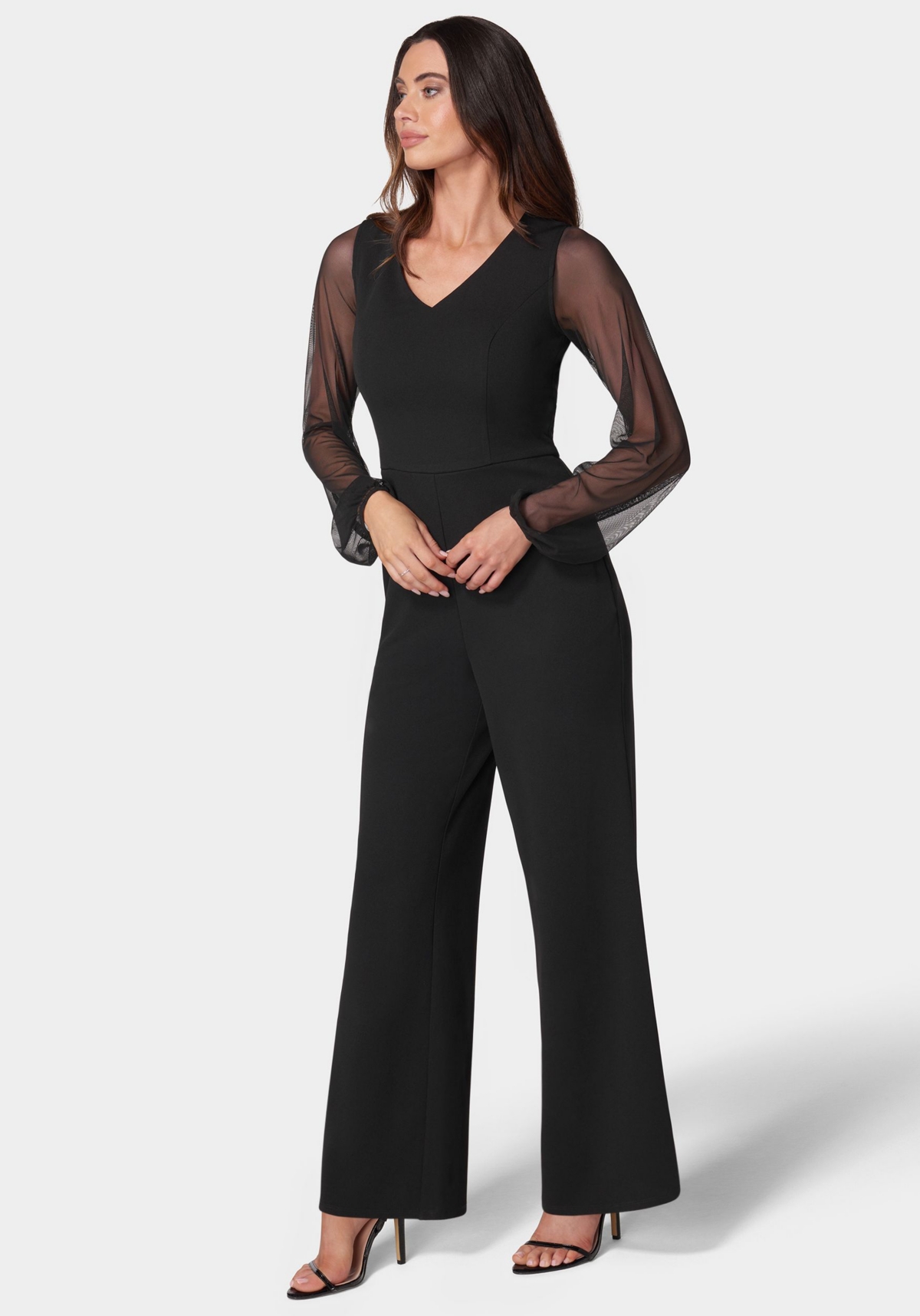 Bebe Women's V-Neck Jumpsuit with Powermesh Sleeve