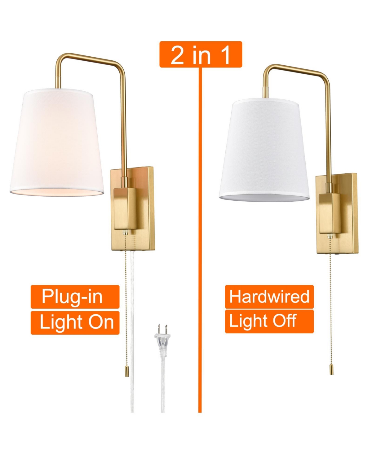 Moose Gold Fabric Shade Wall Sconce Bedroom Plug-in Wall Lamp Set of 2