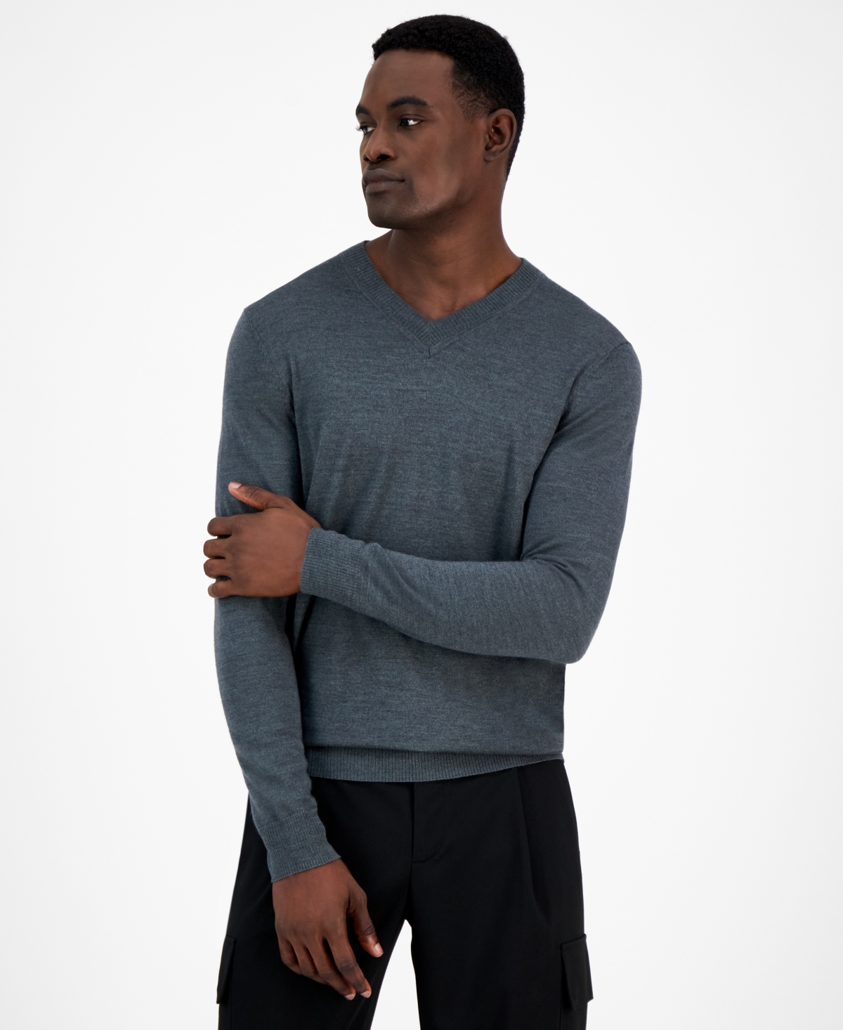 Men's Long-Sleeve V-Neck Merino Sweater, Created for Macy's - Dark Lead Heather