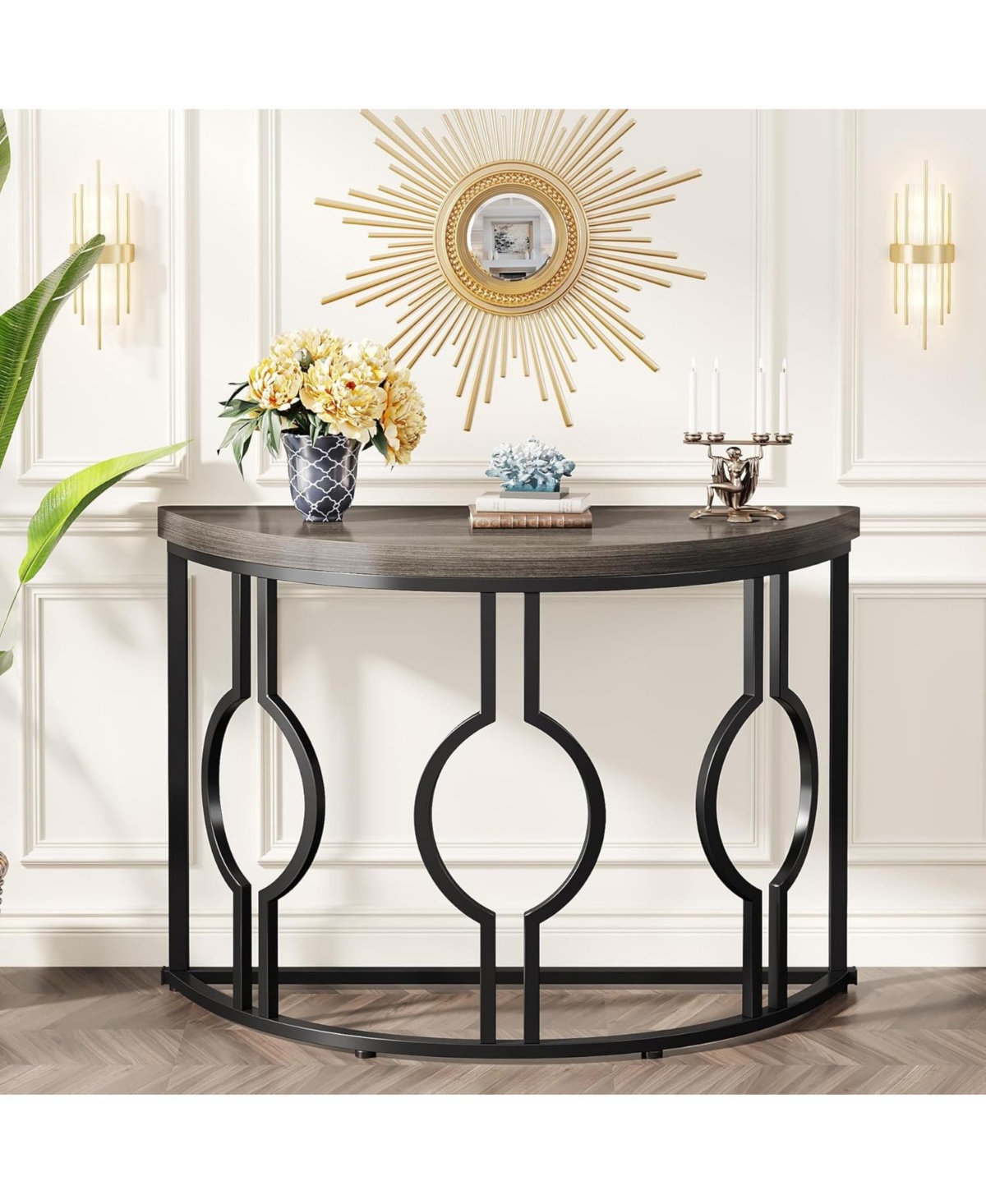 Tribesigns Half Moon Console Table for Entryway, 43 Inch Industrial Semi Circle Sofa with Geometric Base, Wood Accent Living Room, Hal