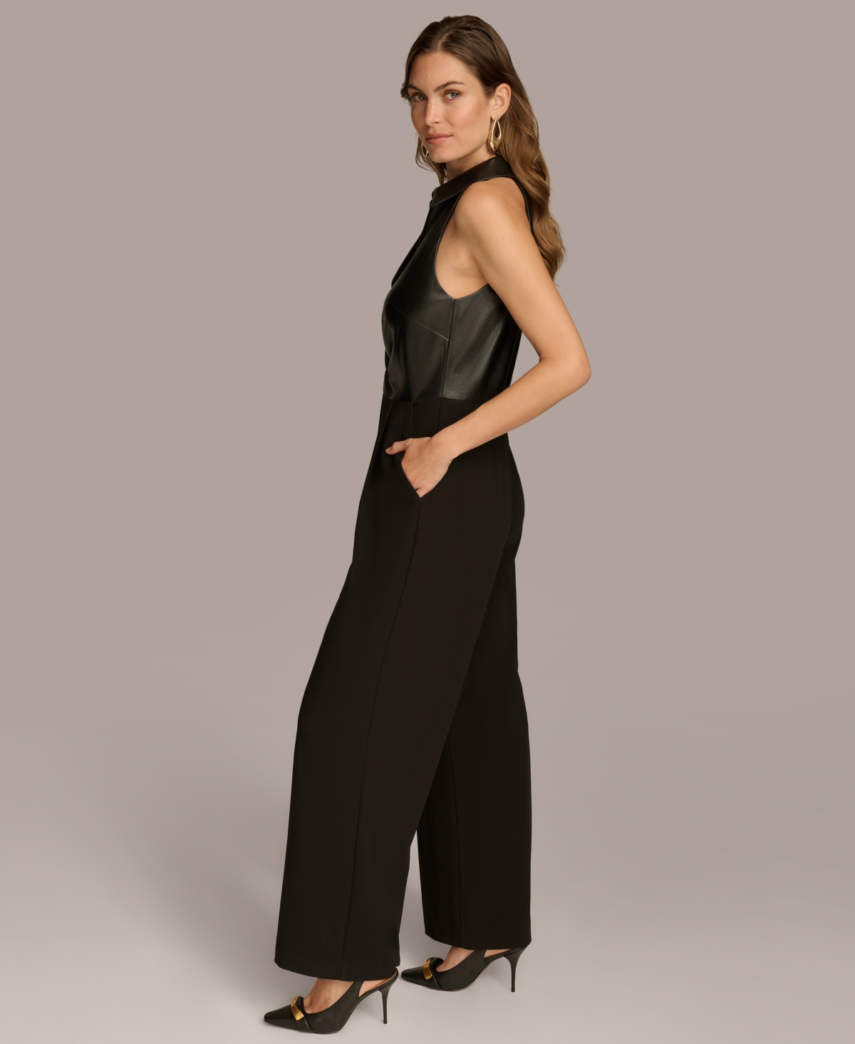 Donna Karan New York Sleeveless Faux Leather Wide Leg Jumpsuit In Black