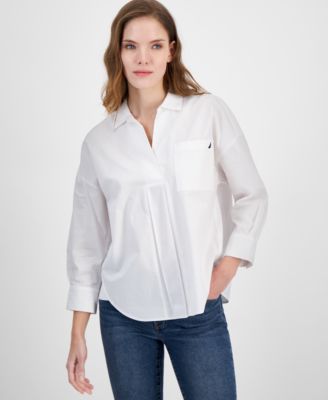 Nautica Jeans - Women's Cotton Collared V-Neck Long-Sleeve Blouse