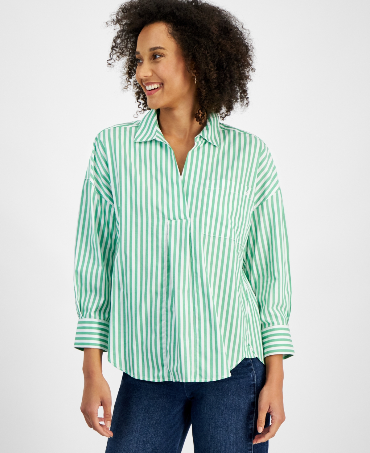 Women's Port Stripe Cotton Collared Blouse - Fern/White