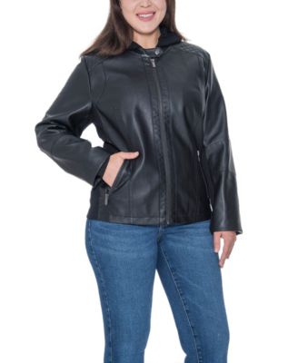 Plus Size Garment Dyed Faux Leather Zip Front Jacket With Detachable Sweater Knit Hood