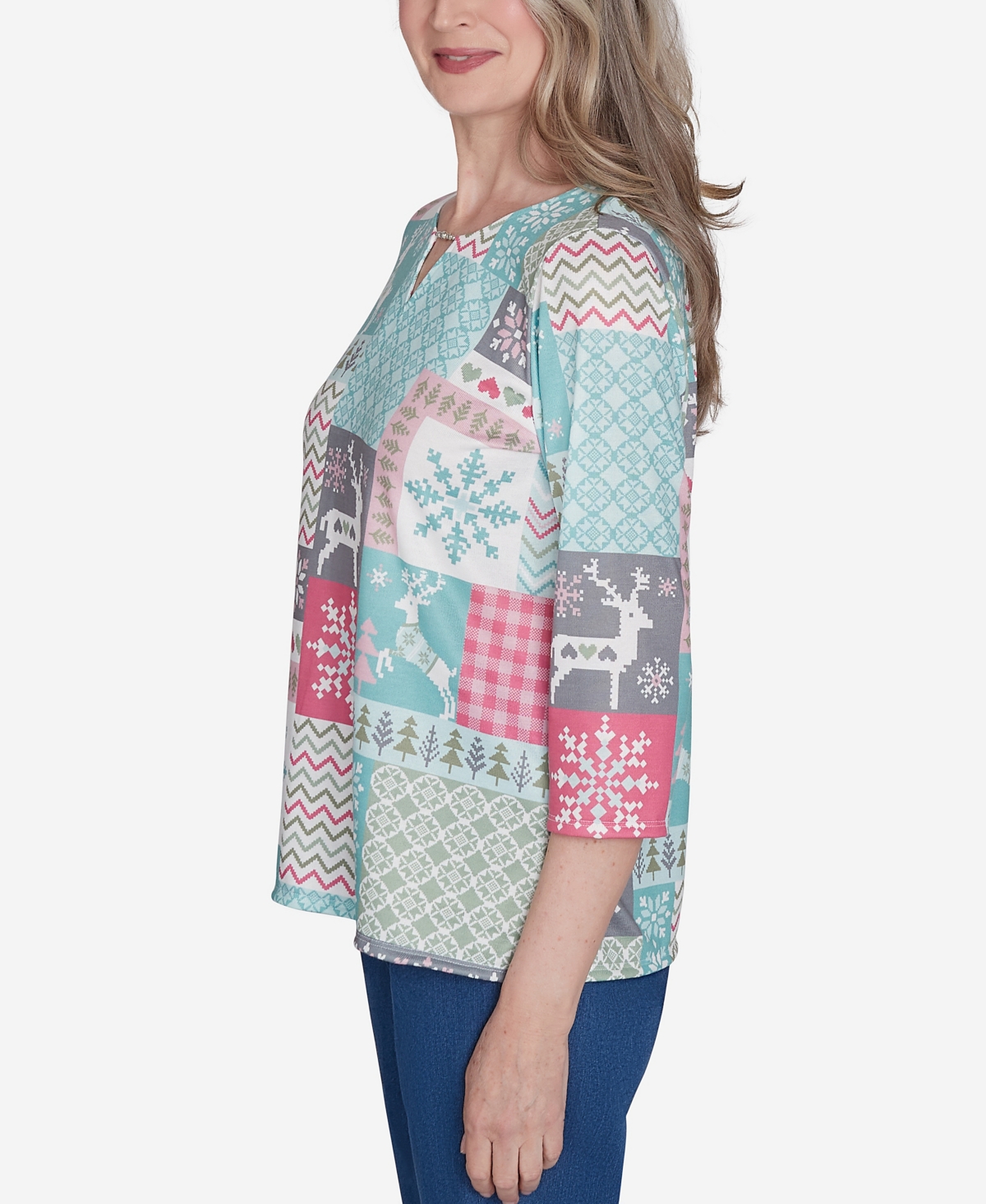 Alfred Dunner Petite Classics Reindeer Patch Work Top In Multi Green