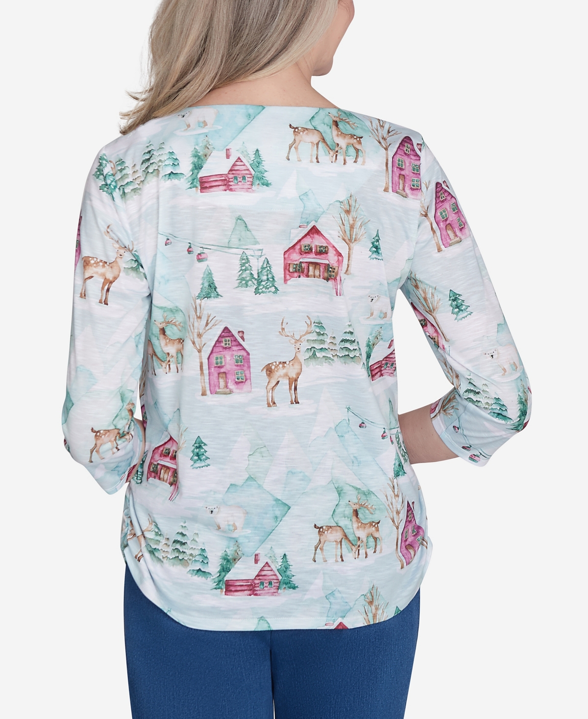 Alfred Dunner Plus Size Classic Triple Notch Neck Deer Village Top In Multi Green