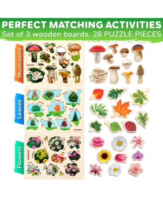 3X Set Montessori Wooden Puzzles for Toddlers 2-4 – Mushrooms Flowers Leaves