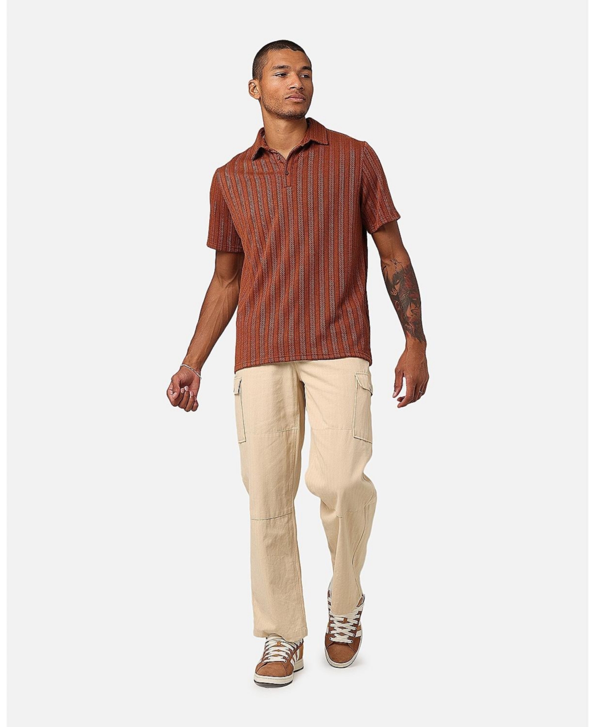 Men's Herringbone Cable Polo Shirt - Brown