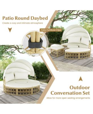Outdoor Patio Round Daybed with Retractable Canopy Soft Cushions for Garden