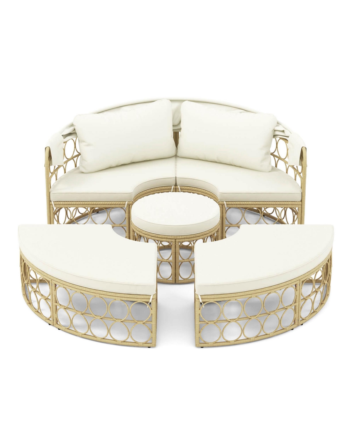 Outdoor Patio Round Daybed with Retractable Canopy Soft Cushions for Garden - White