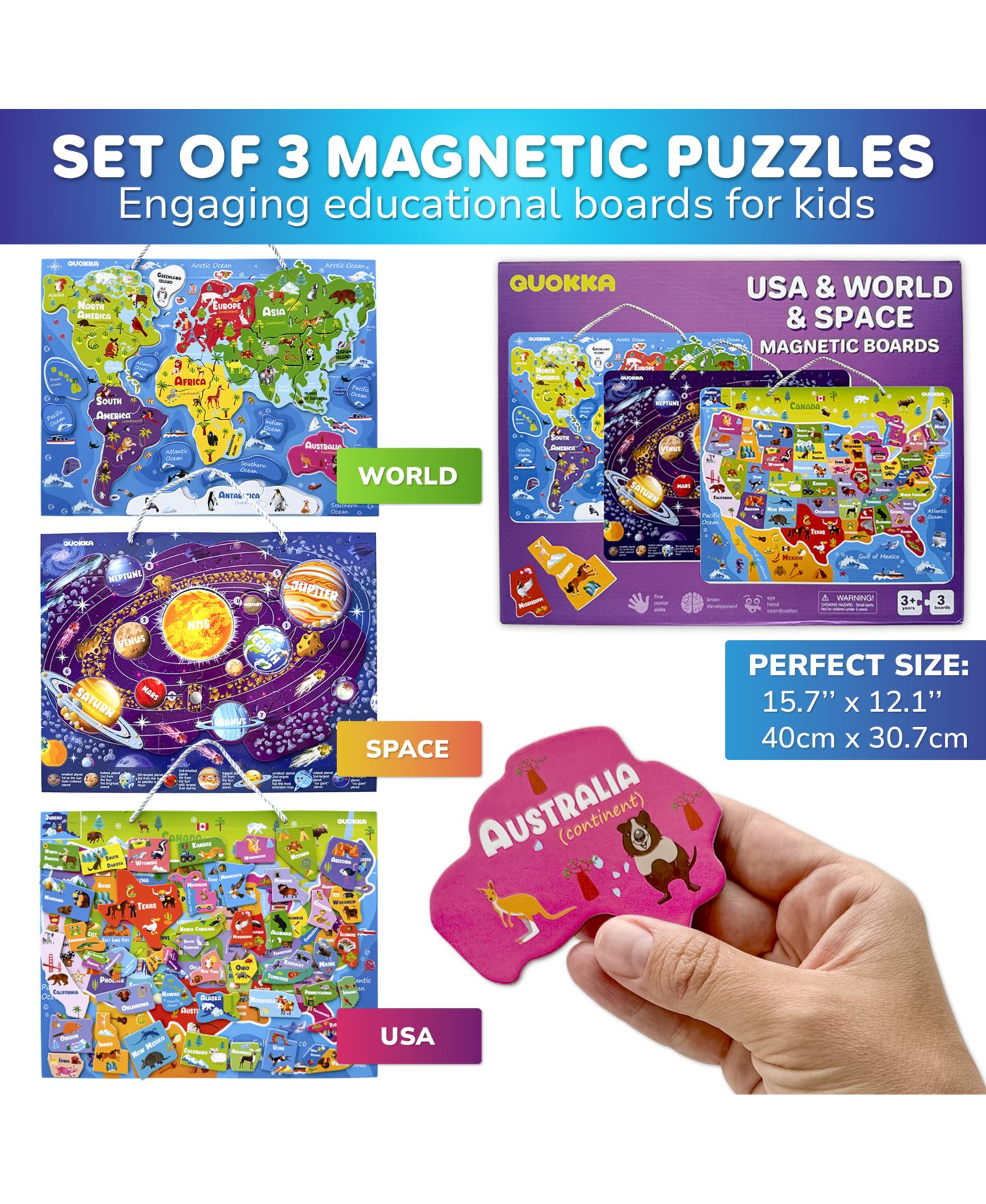 Детские игрушки Quokka World Map and Solar System Educational Puzzle Set, 3-Piece, Ages 3+, цвет: Magnetic — фото 7