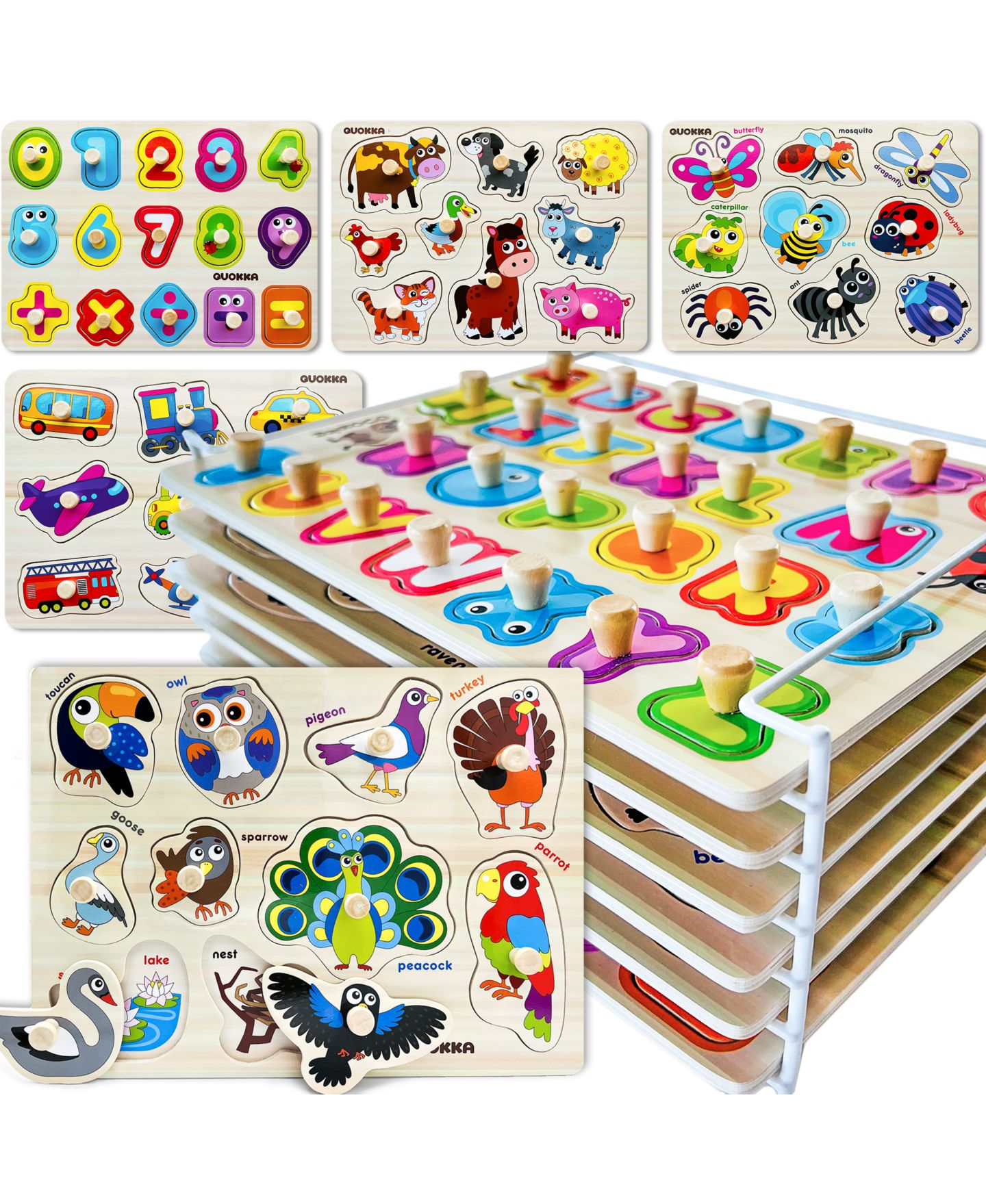 Детские игрушки Quokka Alphabet, Numbers, Animals Wooden Puzzles, 6-Puzzle Set, Ages 1+ — фото 1