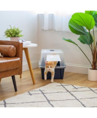 Large Split-Hood Cat Litter Box with Scoop and Grate, Blue