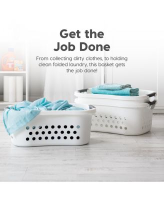 USA 50L Plastic Hip Hold Laundry Basket Hamper Organizer with Built-In Comfort Carry Handles, 1.5 Bushel, for Closet, Dorm, Laundry Room, Bedroom, Nestable, Ventilation Hole, Large, White