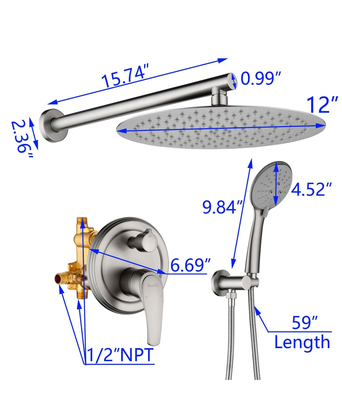 Boyel Living 5-Spray Patterns with 2.35 Gpm 12 in. Wall Mount Dual Shower Heads with Valve Included