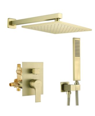 1-Spray Patterns with 2.66 GPM 10 in. Wall Mount Dual Shower Heads with Rough-In Valve Body and Trim in Brushed Gold 1-Spray Patterns with 2.66 GPM 10 in. Wall Mount Dual Shower Heads with Rough-In Valve Body and Trim in Brushed Gold