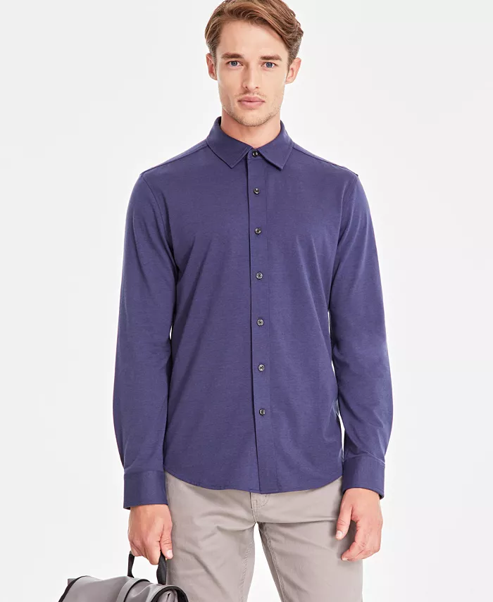 Men's Classic-Fit Heathered Jersey-Knit Button-Down Shirt - thumbnail 7