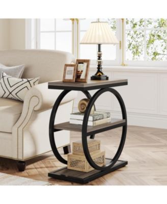 Narrow End Table with 3 Storage Shelves, Wood Side Table with Black Metal Frames, Industrial Sofa Side Table, Nightstand and Bedside Table