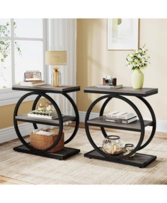 End Table Set of 2, Narrow End Table with 3 Storage Shelves, Wooden Nightstand with Metal Frame, Small Sofa Side Table