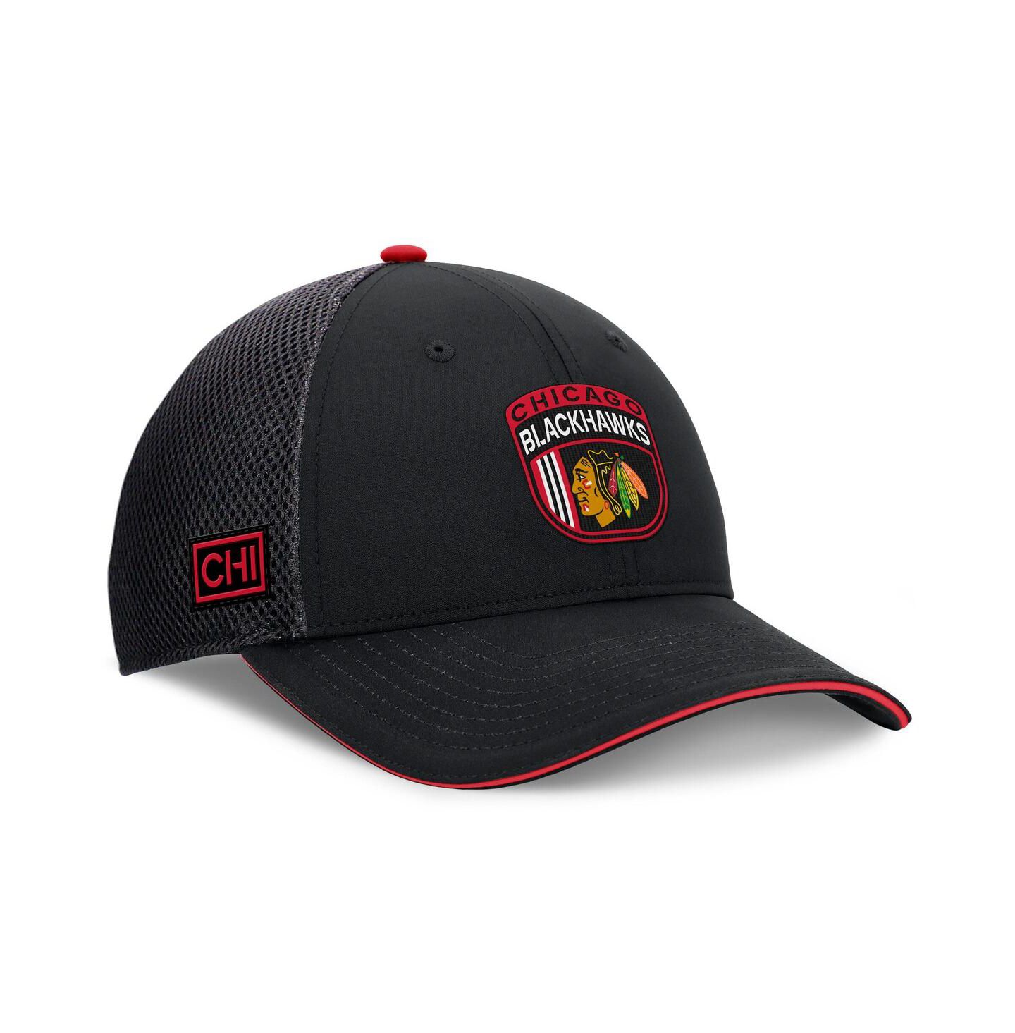 Мужская кепка Fanatics Black Chicago Blackhawks 2024 NHL Draft On Stage Trucker Adjustable Hat — фото 1