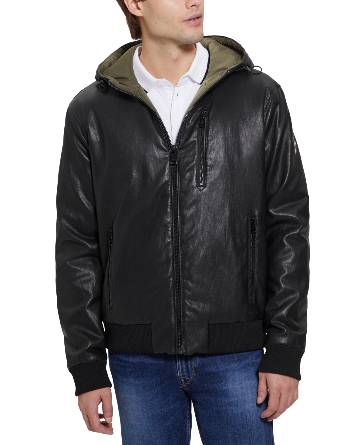Guess Men's Gary Faux Leather Hooded Jacket In Jet Black