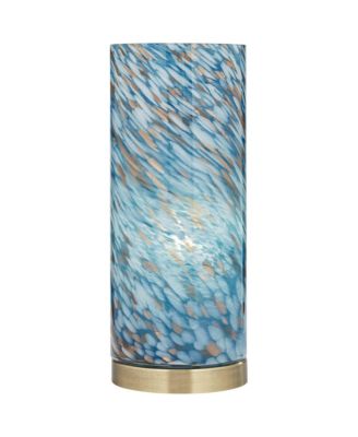 Modern Coastal Accent Table Lamp 13 1/2" High Brass Blue Art Glass Cylinder Shade for Bedroom Living Room Nightstand