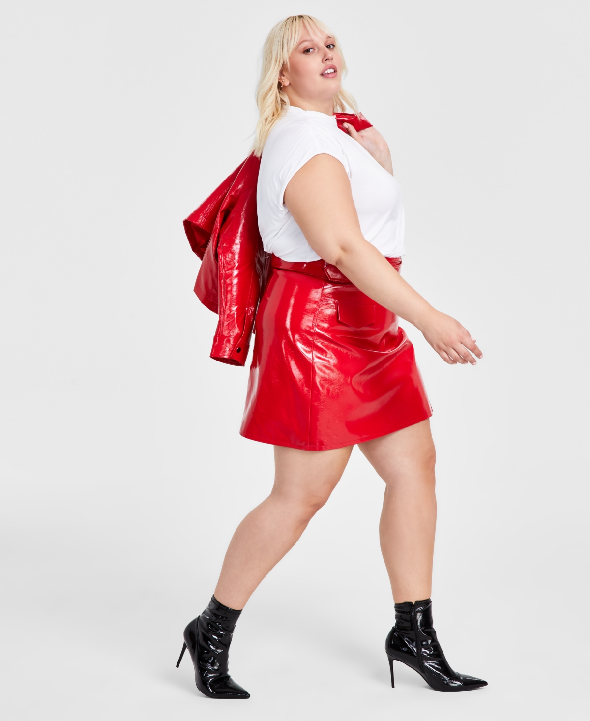 Bar Iii Trendy Plus Size Faux-Leather Belted Mini Skirt, Created for Macy's