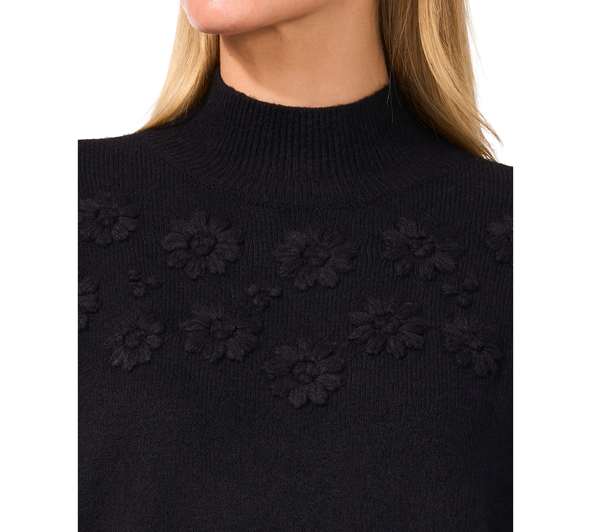 CeCe Women's Floral Embroidered Mock Neck Bell-Sleeve Sweater