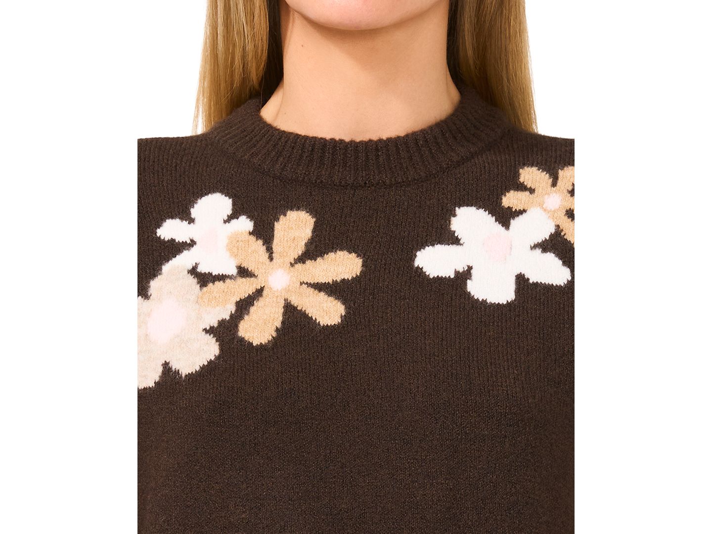 Женский свитер CeCe Crewneck Flower Patterned Knit Long-Sleeve, цвет: Шоколадный — фото 2