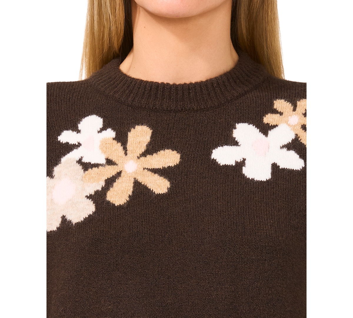 CeCe Women's Crewneck Flower Patterned Knit Long-Sleeve Sweater