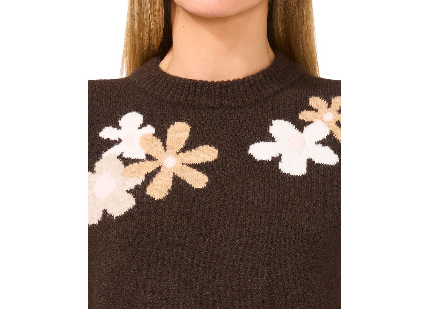 Women's Crewneck Flower Patterned Knit Long-Sleeve Sweater