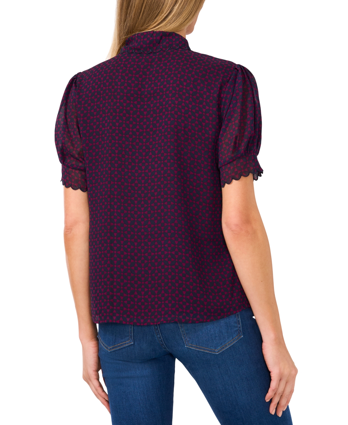 CeCe Women's Scallop-Edge Geo-Print Blouse