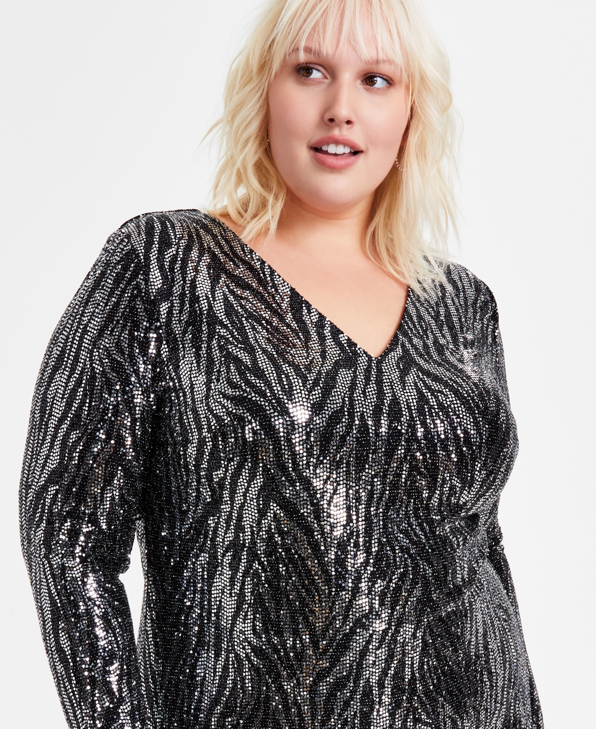 Bar Iii Trendy Plus Size Sequined Zebra-Stripe Dress, Created for Macy's