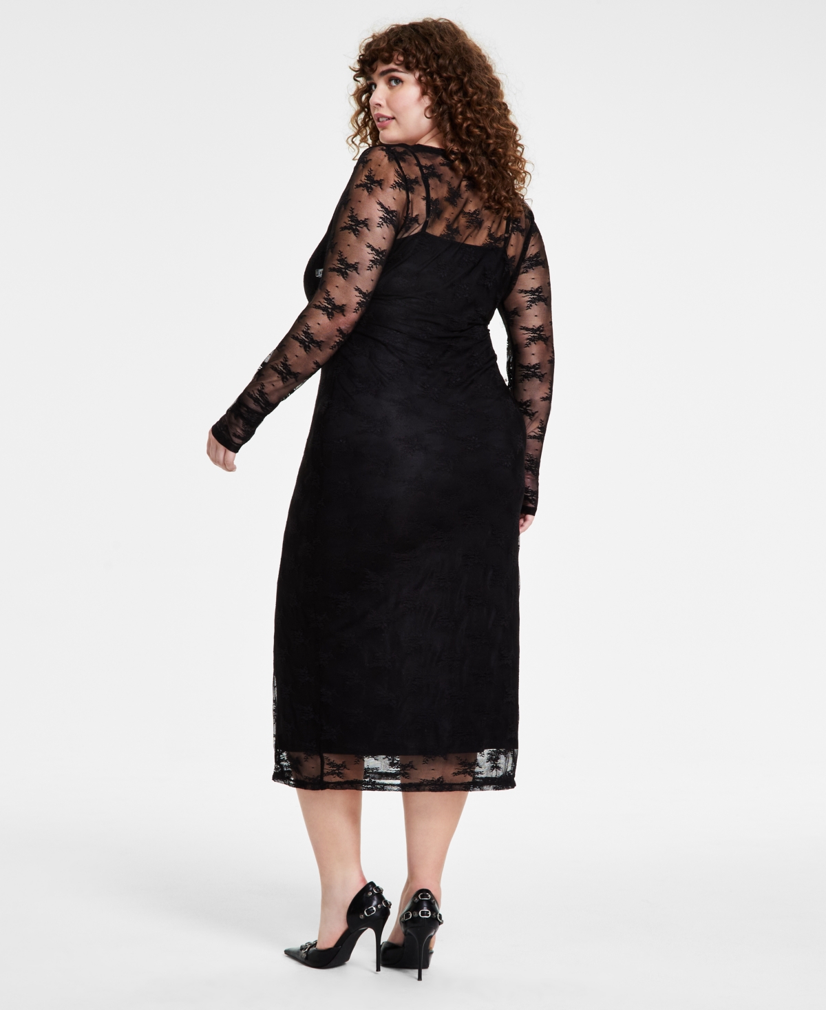 Bar Iii Trendy Plus Size Lace Long-Sleeve Midi Dress, Created for Macy's