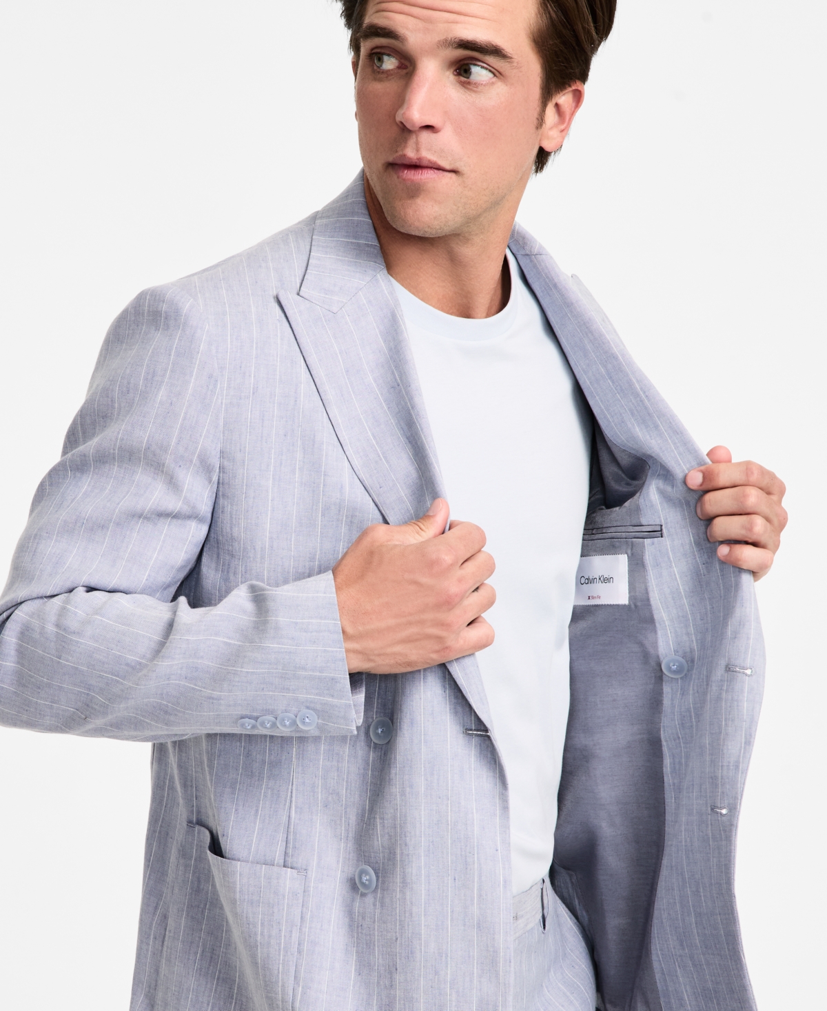 Shop Calvin Klein Men's Slim Fit Double Breasted Linen Suit Jacket In Blue